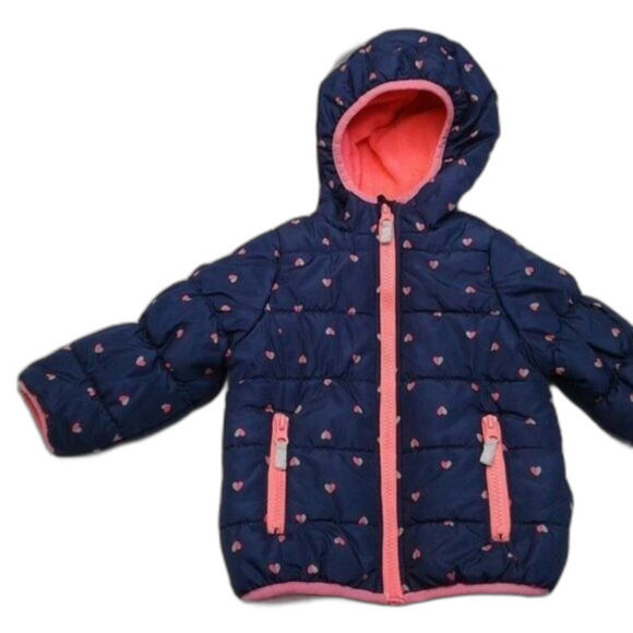 Carter's Puffer Coat Blue with Pink Fleece Lining Hearts Pockets Size 18 Month - Picture 5 of 11